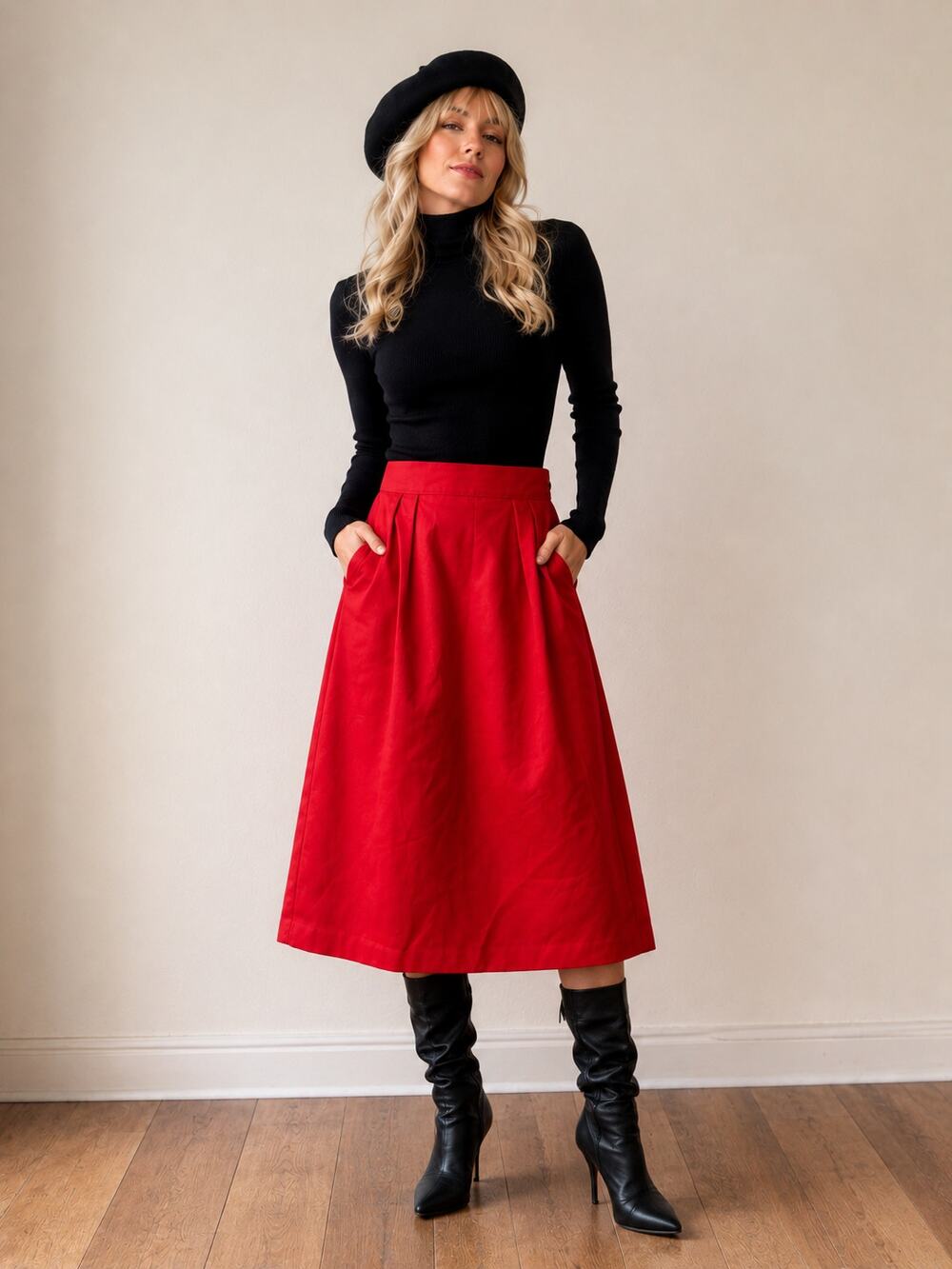 Vintage 70s Style Red High Waist Pleated A-Line Skirt Union Made Size S/M